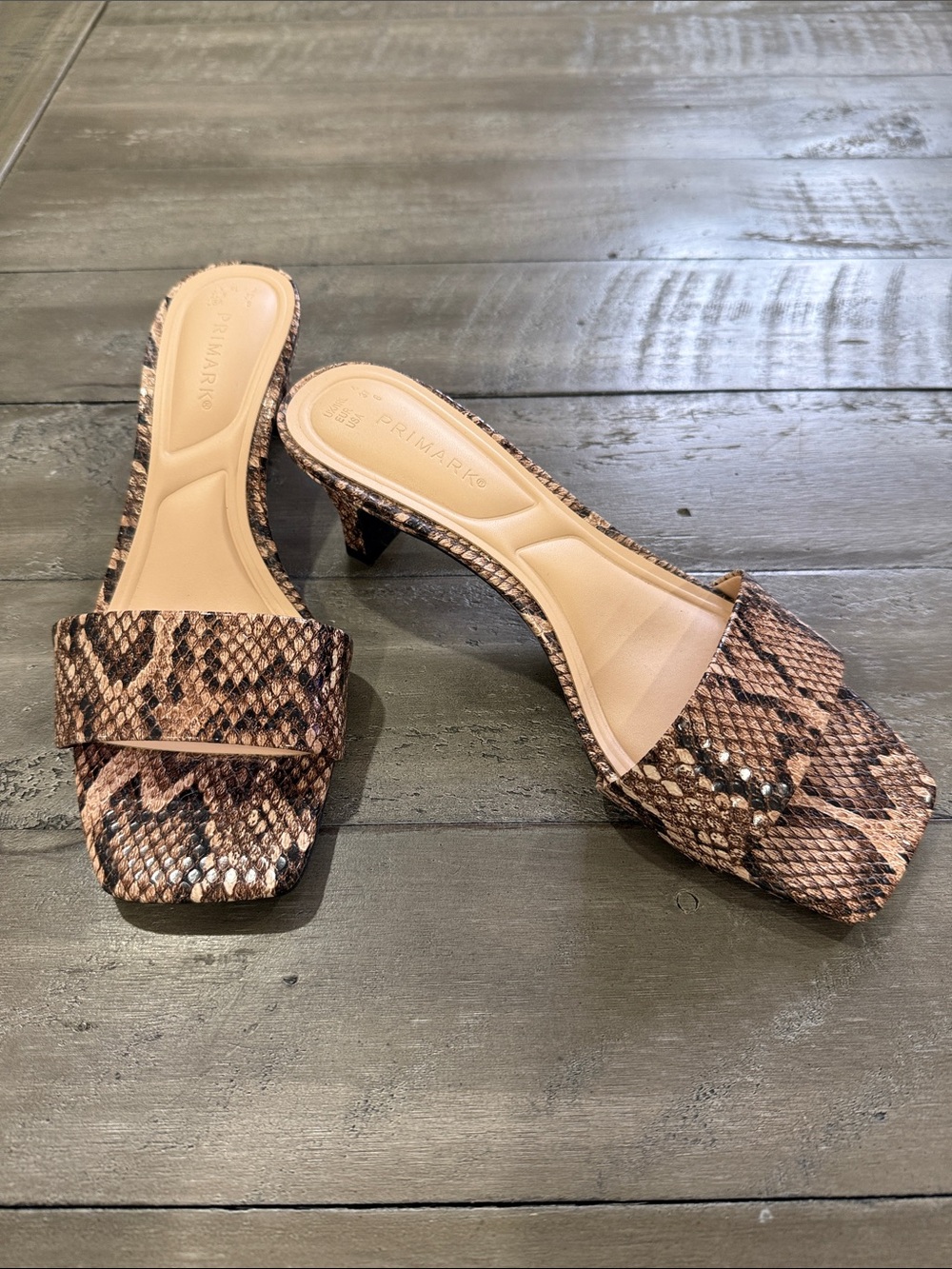 Primark Brown & Tan Snake-Print Square Toe Kitten Heel Mules